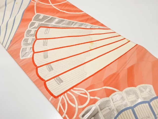 JAPANESE KIMONO / ANTIQUE FUKURO OBI / SILK / WOVEN FOLDING FAN PATTERN